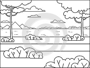 Contour landscape with a river, trees, mountains, a forest across the river. For coloring book