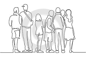 Contour line drawing group of people waiting in queue. Crowd standing at concert, meeting back view