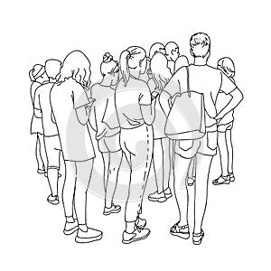 Contour line drawing group of people waiting in queue. Crowd standing. Women and men in line at the cash register.