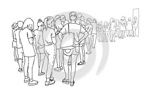 Contour line drawing group of people waiting in queue. Crowd standing. Women and men in line at the cash register.