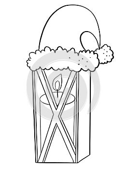 contour line illustration cartoon style new year christmas design element sticker postcard decor lantern outdoor with santa hat