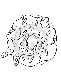 contour line illustration sketch food simple donut sea theme shell star design element for coloring book cover print stickers and
