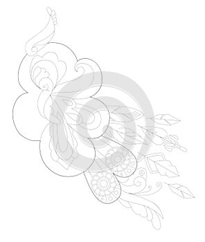 Contour linear illustration for coloring book. Beautiful fancy bird, anti stress picture. Line art design for adult or kids  in