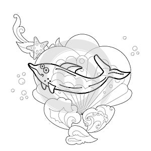 Contour linear illustration with marine animal for coloring book. Cute dolphin, anti stress picture. Line art design for adult or