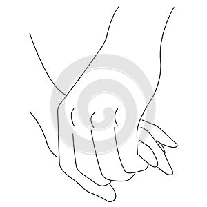 Contour male hand holds a female hand. Sign together forever. A gesture of friendship or love