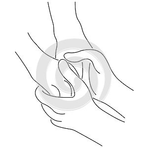 Contour male hands hold female hands. The gesture is your hand in my hand. A sign of trust and understanding