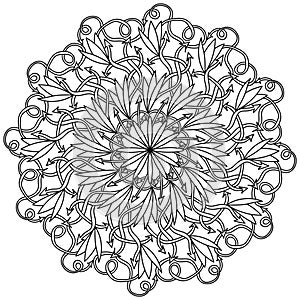 Contour mandala of arrows and curls, meditative coloring page with ornate patterns