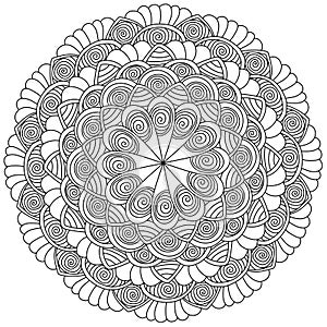 Contour mandala with spiral elements and striped petals, meditative coloring page