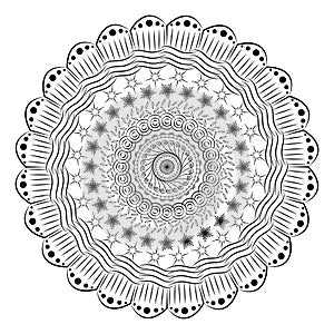 Contour mandala with zen patterns. Fantasy doodle antistress coloring page vector illustration. Ethnic decorative elements.