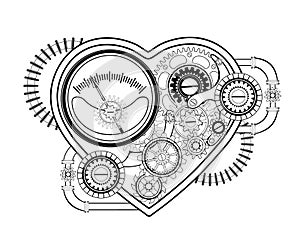 Contour mechanical heart on white background