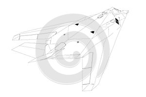 Contour of a modern fighter jet from black lines on a white background. Back view. Vector illustration