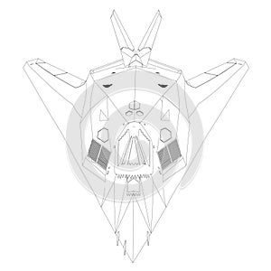 Contour of a modern fighter jet from black lines on a white background. Front view. Vector illustration