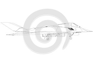 Contour of a modern fighter jet from black lines on a white background. Side view. Vector illustration