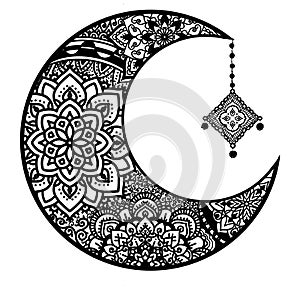 Contour of moon coloring inspired doodle style isolated on white background,for celebrated on Ramadon