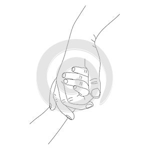Contour of Mother and Child`s Hands in Line Art Style, The Concept of Material Protection and Parental Care isolated on A White Ba