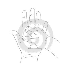 Contour of Mother and Child`s Hands in Line Art style, the concept of maternal protection and parental care isolated on a white ba