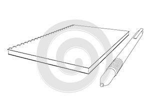 Contour of notepad with pen from black lines isolated on white background. Perspective view. Vector illustration