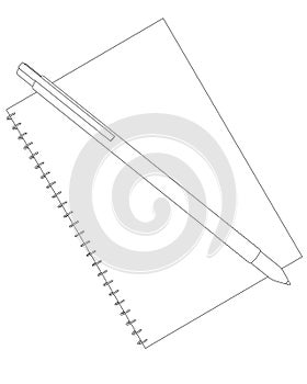 Contour of notepad with pen from black lines isolated on white background. View from above. Vector illustration