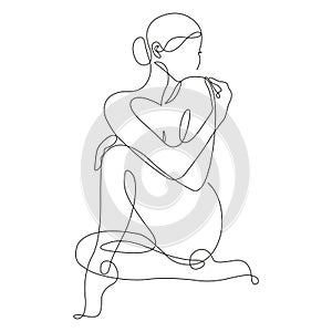 Contour of the nude with a continuous line, pose of a girl hugging herself. Modern art of pictorial design is suitable for icons