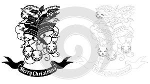 The contour and the object. Pattern, branch with toys and bells. Christmas invitation with a Christmas toy. Vector. Cliche. Merry