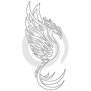 The contour of the phoenix anti-stress coloring drawn by various lines in a flat style. Sketch for tattoo, firebird logo, emblem