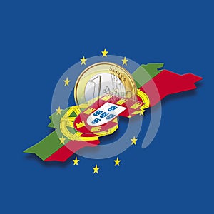 Contour of Portugal with European Union stars and euro coin against blue background, digital composite