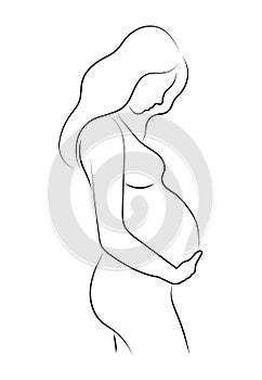 Contour of pregnant woman. Outlines of the body of a pregnant girl. Black and white vector illustration. Linear