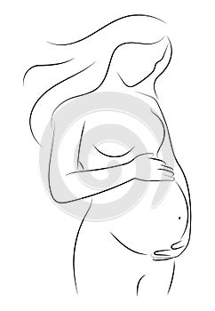 Contour of pregnant woman. Outlines of the body of a pregnant girl. Black and white vector illustration. Linear