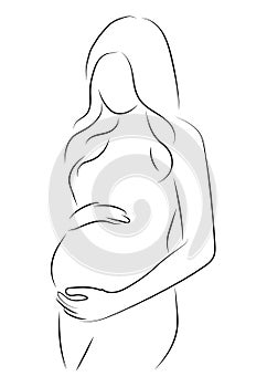 Contour of pregnant woman. Outlines of the body of a pregnant girl. Black and white vector illustration. Linear