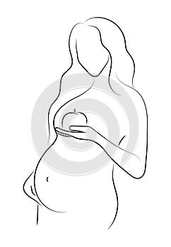 Contour of pregnant woman. Outlines of the body of a pregnant girl. Black and white vector illustration. Linear