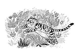 Contour print. Tiger is jumping in tropical garden. Black and white vector illustration