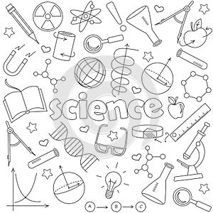 Contour set of icons on the subject of education and science, dark contour icons on white background