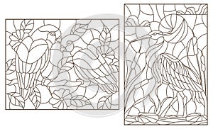 Contour set with illustrations with birds, Heron and a pair of parrots lovebirds, dark contours on a white background