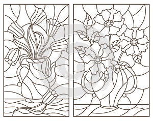 Contour set with illustrations, bouquets of flowers in vases, dark contours on a white background