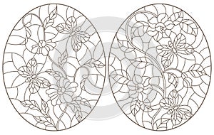 Contour set with  illustrations with  flowers and  butterflies, dark contours on white background, oval images