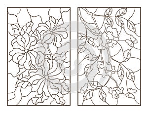 Contour set with illustrations of flowers, the rose with the butterflies and petunias, dark outline on a white background