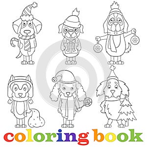 Contour set with illustrations with funny cartoon dogs on the topic of new year and Christmas, book coloring,a dark outline on a