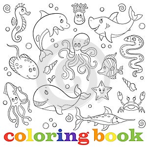 Contour set with  illustrations with marine life, funny cartoon animals on a blue background , coloring book