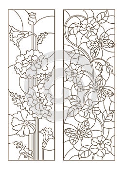 Contour set with illustrations with poppies and flowers with butterflies, dark contours on white background