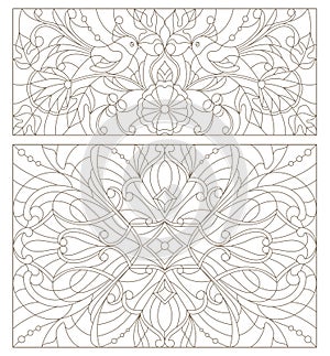 Contour set illustrations of stained glass with abstract swirls , flowers and birds horizontal orientation