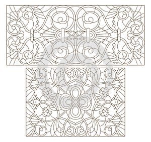 Contour set with illustrations of stained glass with abstract swirls and flowers , horizontal orientation