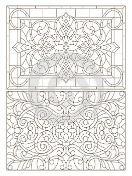 Contour set with illustrations of stained glass with abstract swirls and flowers , horizontal orientation