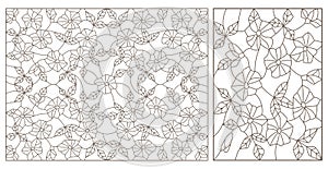Contour set with  illustrations of stained glass with abstract swirls and flowers , horizontal orientation,  dark contours on a wh