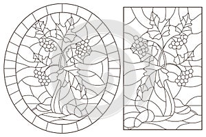 Contour set with illustrations of stained glass with autumn still life, tree branches in vases and fruit