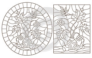 Contour set with illustrations of stained glass with autumn still life, tree branches in vases and fruit