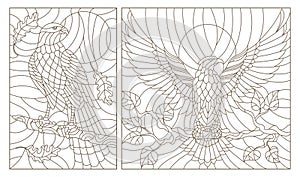 Contour set with illustrations of stained glass with birds,eagle and hawk on a tree branch