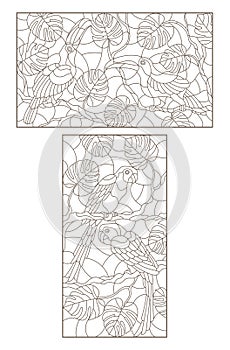 Contour set with illustrations of the stained glass birds pair of parrots and a pair of toucans on a tree branch