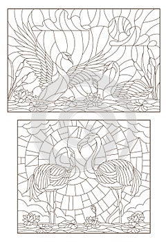 Contour set with illustrations of stained glass with birds on the pond a pair of swans and a pair of flamingos