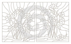 Contour set of illustrations of the stained glass bouquet of poppies and sunflowers in a vase