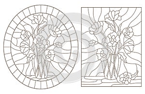 Contour set with   illustrations of the stained glass bouquets of poppies  in a vases, dark outlines on white background